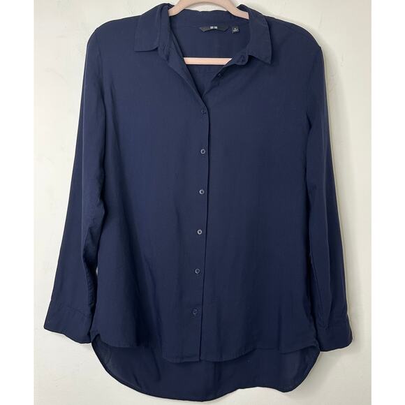 Md Uniqlo Womens Navy Blue Button Up Blouse Rayon Blend Minimalist Workwear Chic - Picture 1 of 3